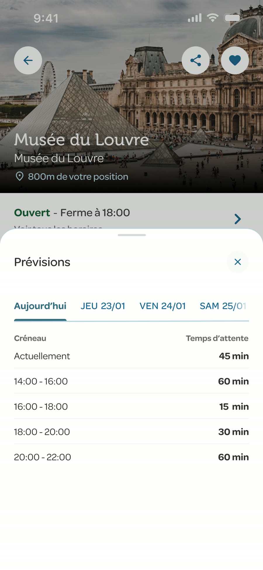 Application mobile : les prévisions s'ouvrent dans un bottom sheet qui monte du bas de l'écran, avec les jours en onglets.