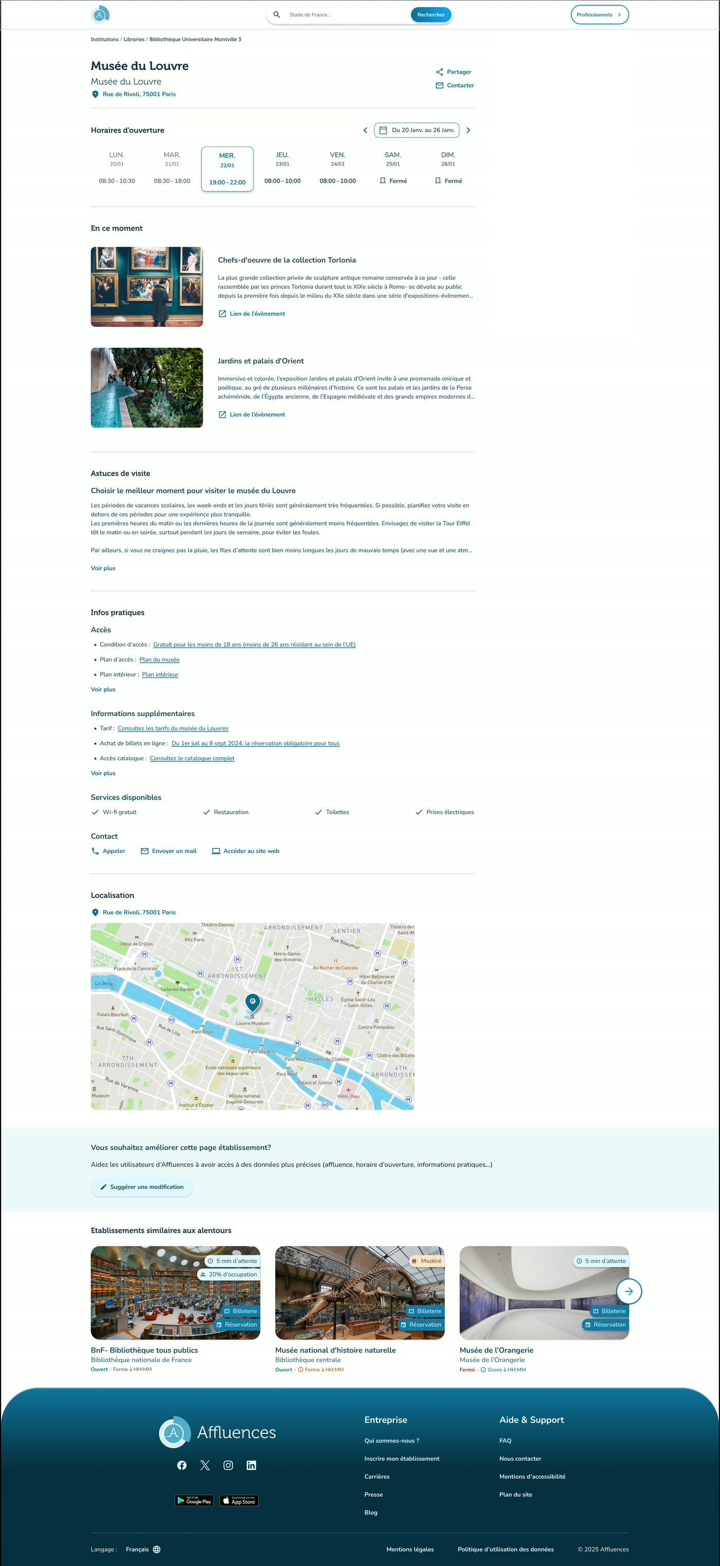 Nouvelle fiche site du Musée du Louvre : horaires de la semaine en haut, colonne droite avec statut, temps réel, prévisions et bouton d'achat qui reste visible au défilement, puis En ce moment, Astuces de visite, informations pratiques, localisation et établissements similaires.