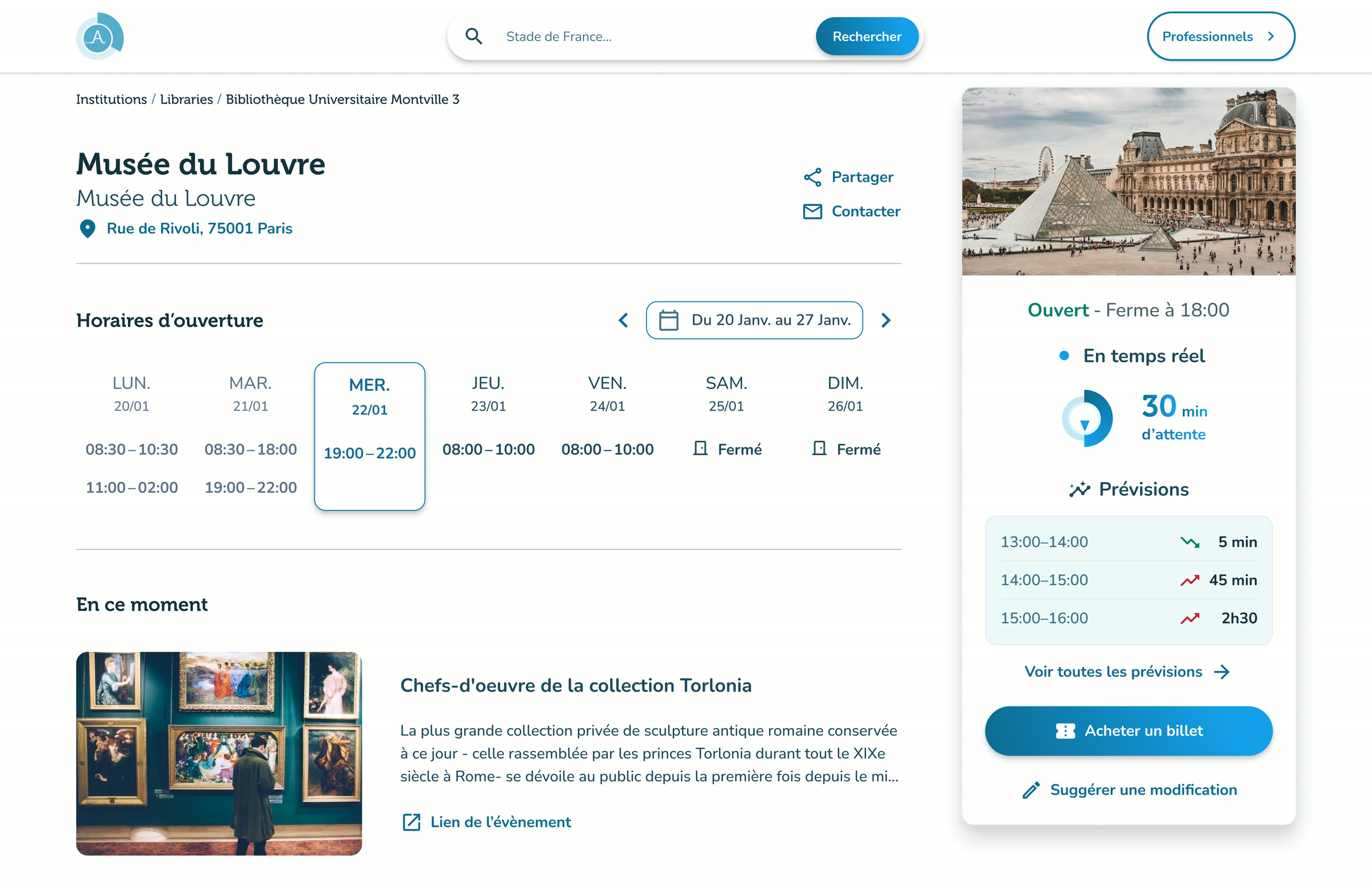 Fiche site web du Louvre : le live pane occupe la colonne droite, à côté des horaires et d'En ce moment.