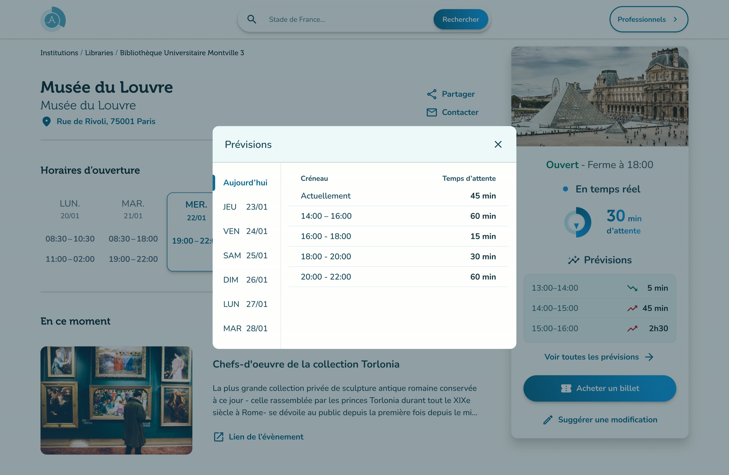 Fiche site web du Louvre : la modale des prévisions est ouverte au centre, avec les jours à gauche et les créneaux à droite.